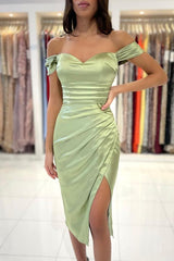 Chic Sage Short Mermaid Off the Shoulder Satin Prom Dresses with Slit-27Dress