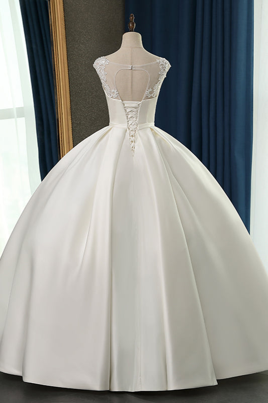 Chic Satin Ball Gown Jewel Wedding Dress Sleeveless Appliques Ruffles Bridal Gowns On Sale-27dress