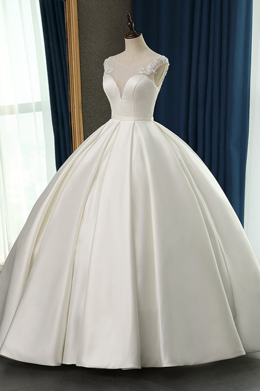 Chic Satin Ball Gown Jewel Wedding Dress Sleeveless Appliques Ruffles Bridal Gowns On Sale-27dress