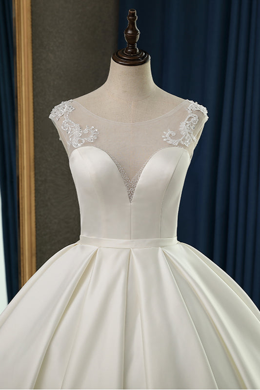 Chic Satin Ball Gown Jewel Wedding Dress Sleeveless Appliques Ruffles Bridal Gowns On Sale-27dress