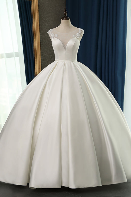 Chic Satin Ball Gown Jewel Wedding Dress Sleeveless Appliques Ruffles Bridal Gowns On Sale-27dress