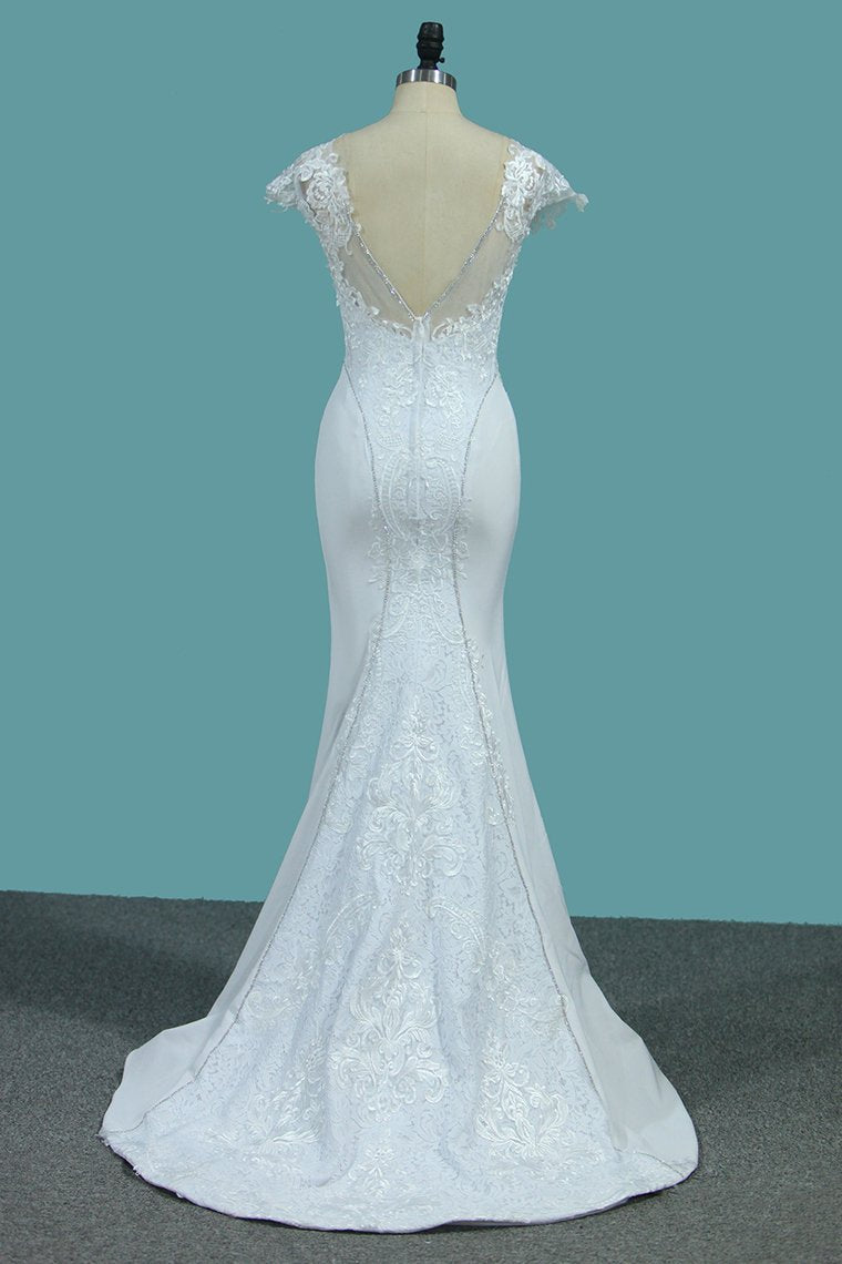 Chic Satin Jewel Lace Wedding Dress Cap Sleeves Beadings Mermaid Bridal Gowns On Sale-27dress