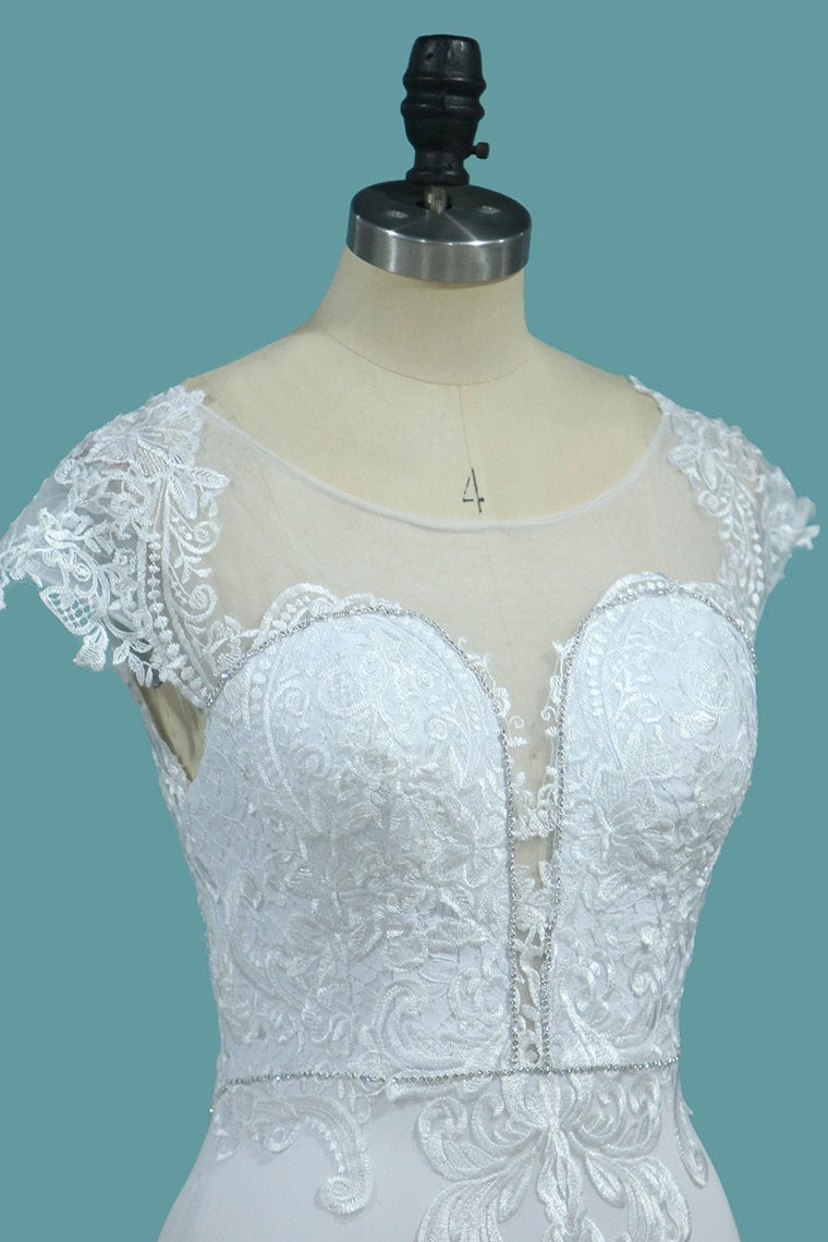 Chic Satin Jewel Lace Wedding Dress Cap Sleeves Beadings Mermaid Bridal Gowns On Sale-27dress