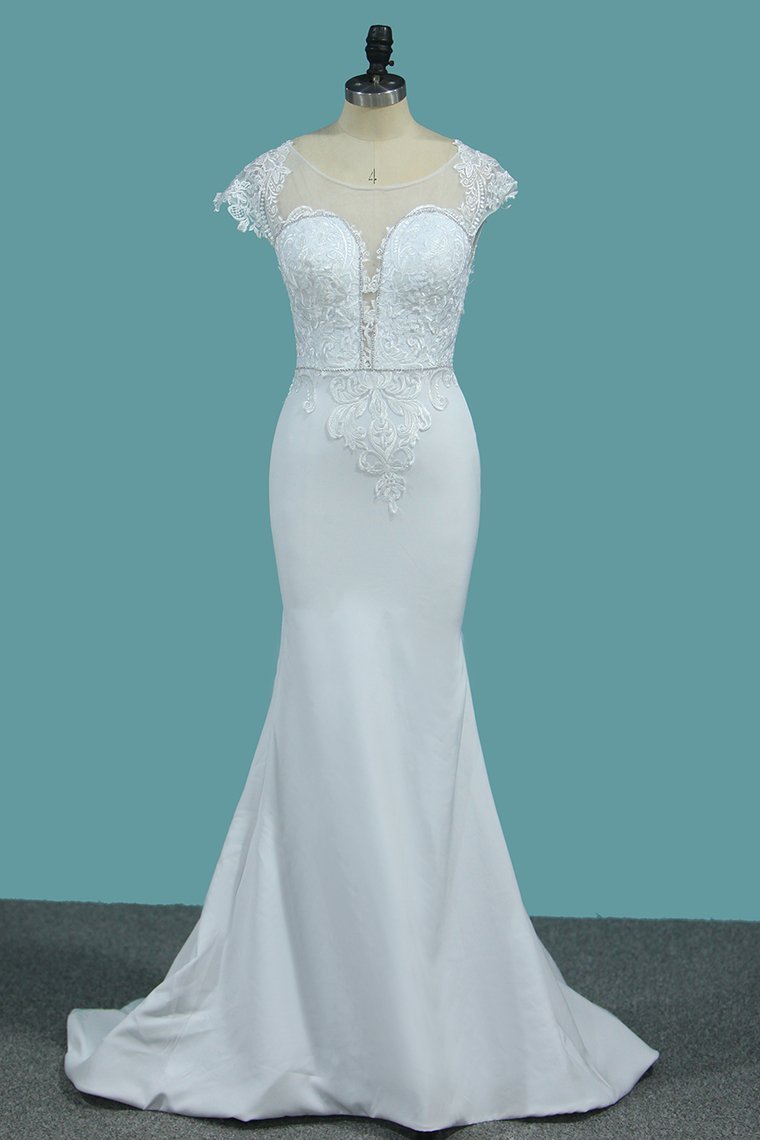 Chic Satin Jewel Lace Wedding Dress Cap Sleeves Beadings Mermaid Bridal Gowns On Sale-27dress