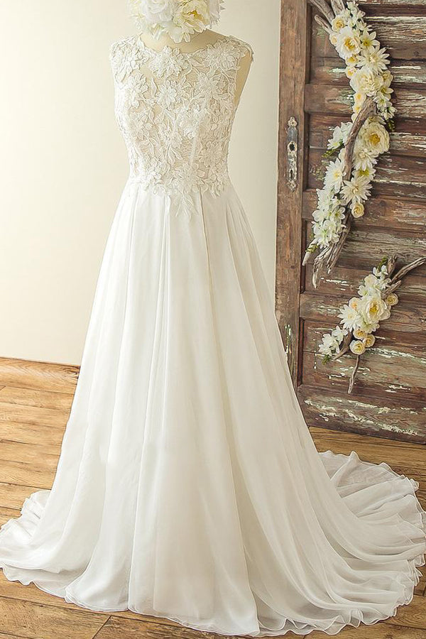 Chic Sleeveless Jewel Appliques Wedding Dresses A-line Chiffon Ruffles Bridal Gowns On Sale-27dress