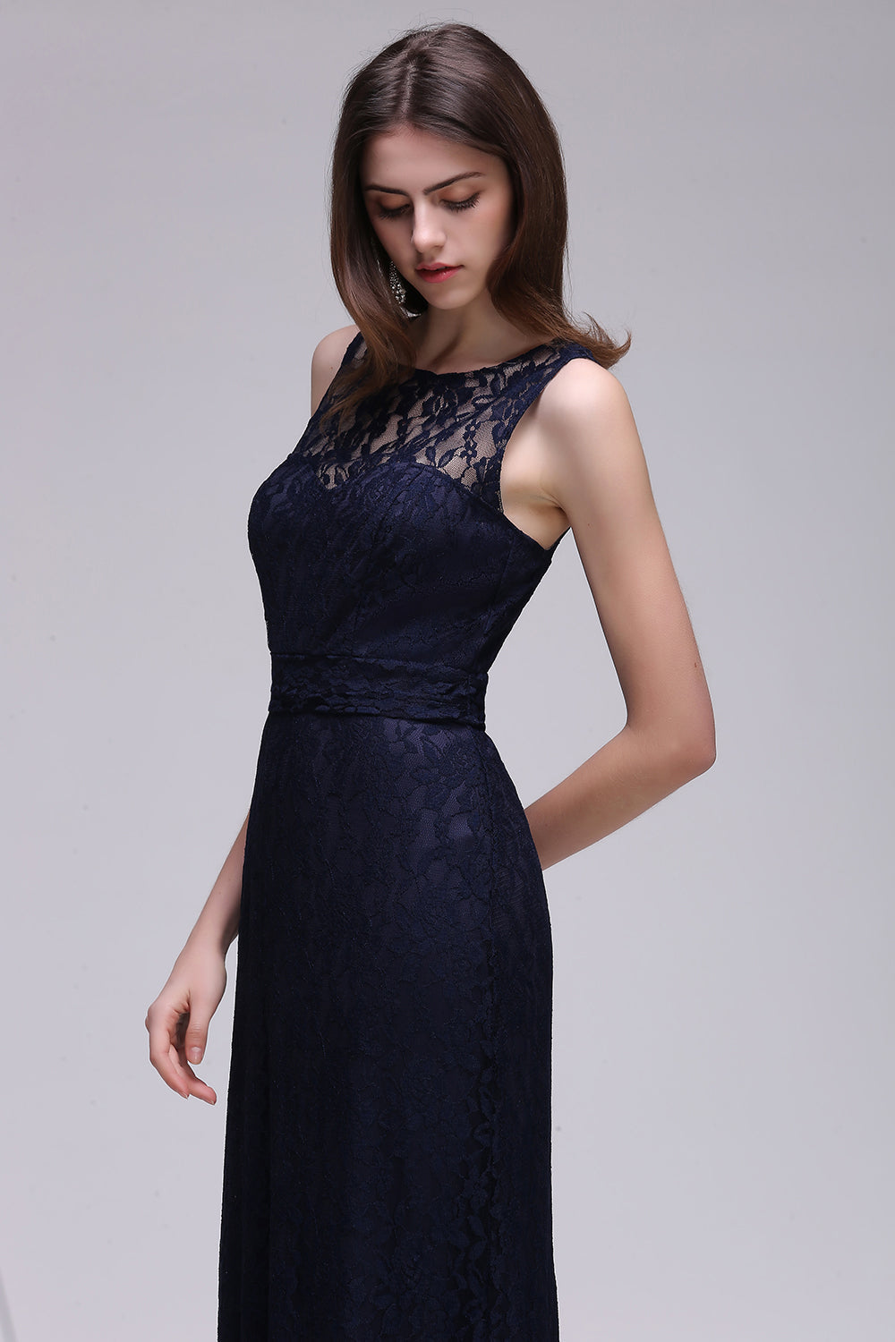 Chic Sleeveless Scoop Lace Bridesmaid Dress with Keyhole Back-27dress
