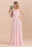 Chic Spaghetti Straps Chiffon Pink Bridesmaid Dresses with Crisscross Back-27dress