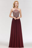 Chic Spaghetti Straps Long Burgundy Backless Bridesmaid Dress with Appliques-27dress