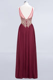 Chic Spaghetti Straps Long Burgundy Backless Bridesmaid Dress with Appliques-27dress