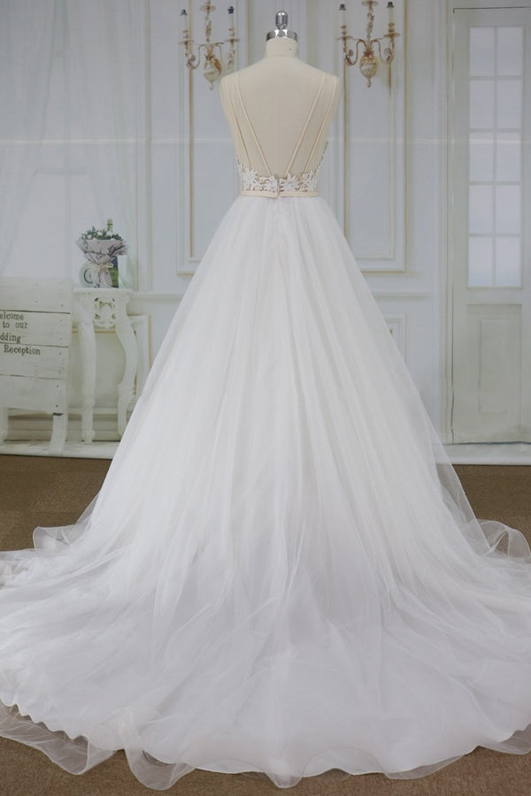 Chic Spaghetti Straps V-neck A-line Wedding Dresses White Tulle Bridal Gowns On Sale-27dress