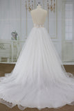 Chic Spaghetti Straps V-neck A-line Wedding Dresses White Tulle Bridal Gowns On Sale-27dress