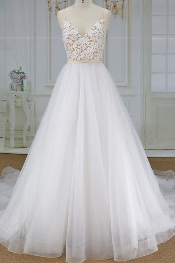 Chic Spaghetti Straps V-neck A-line Wedding Dresses White Tulle Bridal Gowns On Sale-27dress