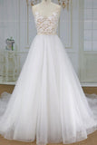 Chic Spaghetti Straps V-neck A-line Wedding Dresses White Tulle Bridal Gowns On Sale-27dress