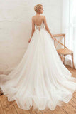 Chic Spaghetti Straps V-Neck Ivory Tulle Wedding Dresses with Appliques-27dress