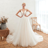 Chic Spaghetti Straps V-Neck Ivory Tulle Wedding Dresses with Appliques-27dress