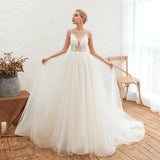 Chic Spaghetti Straps V-Neck Ivory Tulle Wedding Dresses with Appliques-27dress