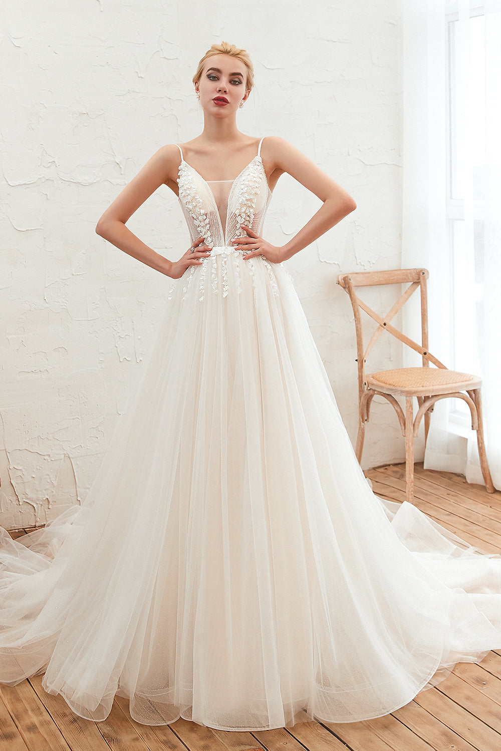 Chic Spaghetti Straps V-Neck Ivory Tulle Wedding Dresses with Appliques-27dress