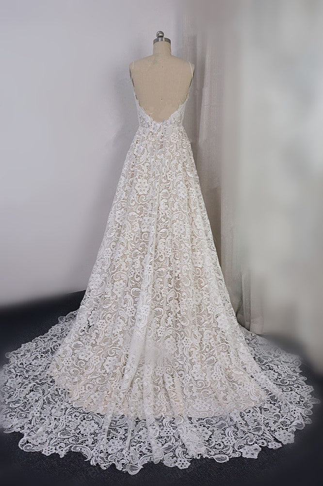 Chic Spaghetti Straps V-Neck Lace Wedding Dress A-Line Sleeveless Long Bridal Gowns On Sale-27dress