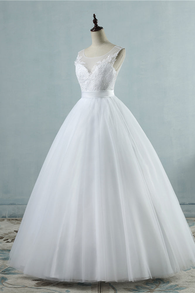 Chic Square Neckling Sleeveless Wedding Dresses White Tulle Lace Bridal Gowns On Sale-27dress