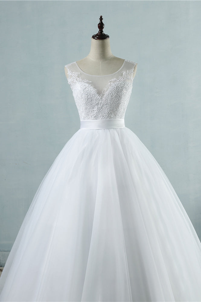 Chic Square Neckling Sleeveless Wedding Dresses White Tulle Lace Bridal Gowns On Sale-27dress