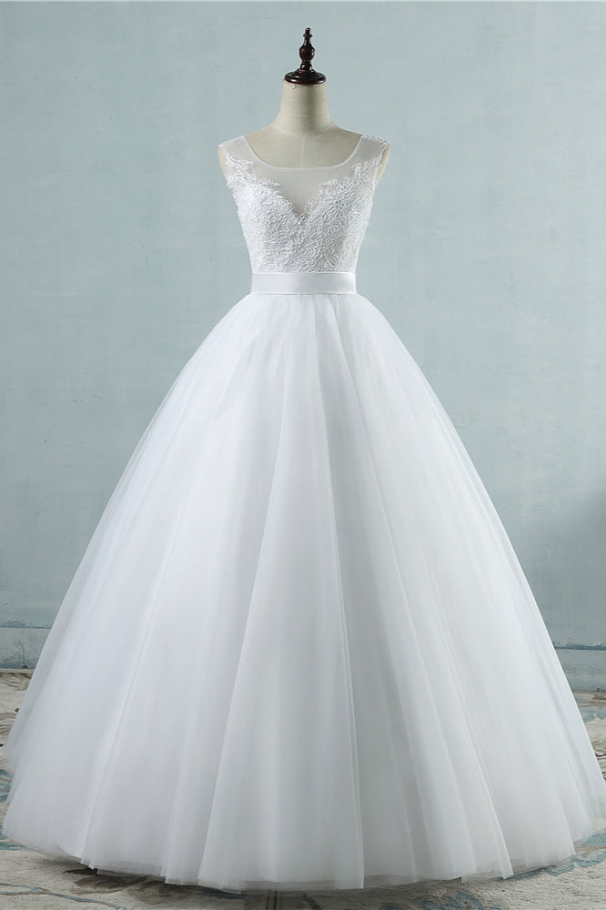 Chic Square Neckling Sleeveless Wedding Dresses White Tulle Lace Bridal Gowns On Sale-27dress