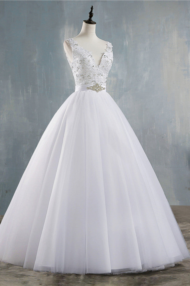 Chic Starps V-Neck Beadings Tulle Wedding Dress Sleeveless Appliques Bridal Gowns with Rhinestones-27dress