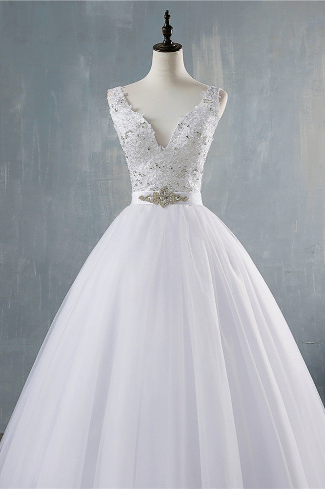 Chic Starps V-Neck Beadings Tulle Wedding Dress Sleeveless Appliques Bridal Gowns with Rhinestones-27dress