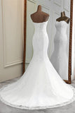 Chic Strapless Lace Appliques White Mermaid Wedding Dresses with Beadings Online-27dress