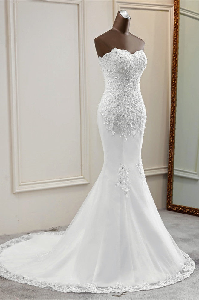 Chic Strapless Lace Appliques White Mermaid Wedding Dresses with Beadings Online-27dress