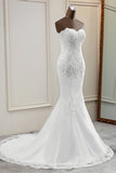 Chic Strapless Lace Appliques White Mermaid Wedding Dresses with Beadings Online-27dress