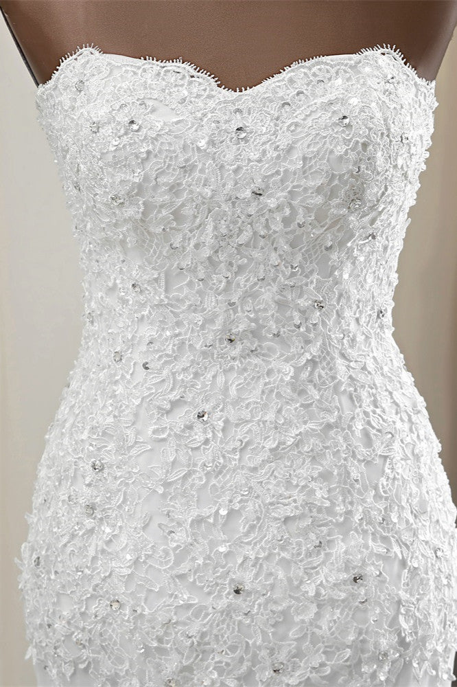 Chic Strapless Lace Appliques White Mermaid Wedding Dresses with Beadings Online-27dress