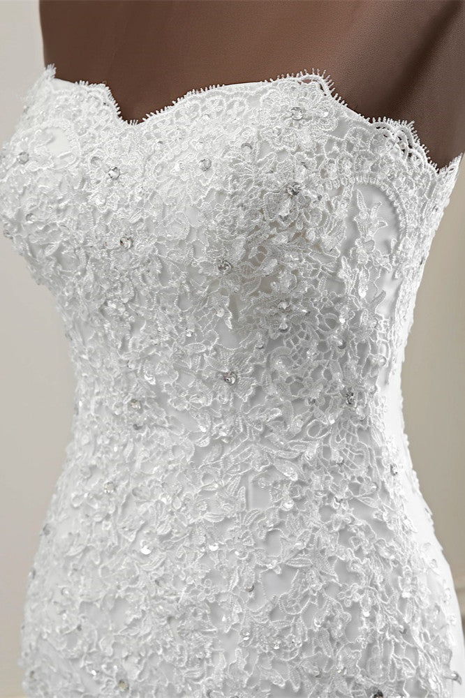 Chic Strapless Lace Appliques White Mermaid Wedding Dresses with Beadings Online-27dress