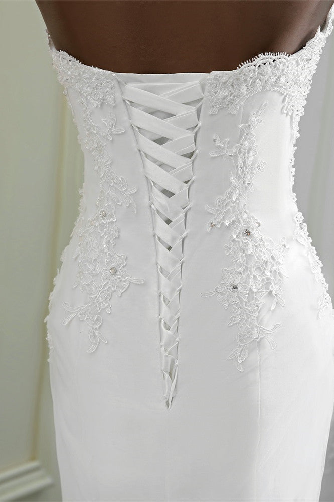 Chic Strapless Lace Appliques White Mermaid Wedding Dresses with Beadings Online-27dress