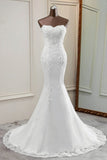 Chic Strapless Lace Appliques White Mermaid Wedding Dresses with Beadings Online-27dress