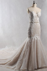 Chic Strapless Tulle Sequins Mermaid Wedding Dress Sleeveless Appliques Beadings Bridal Gowns On Sale-27dress