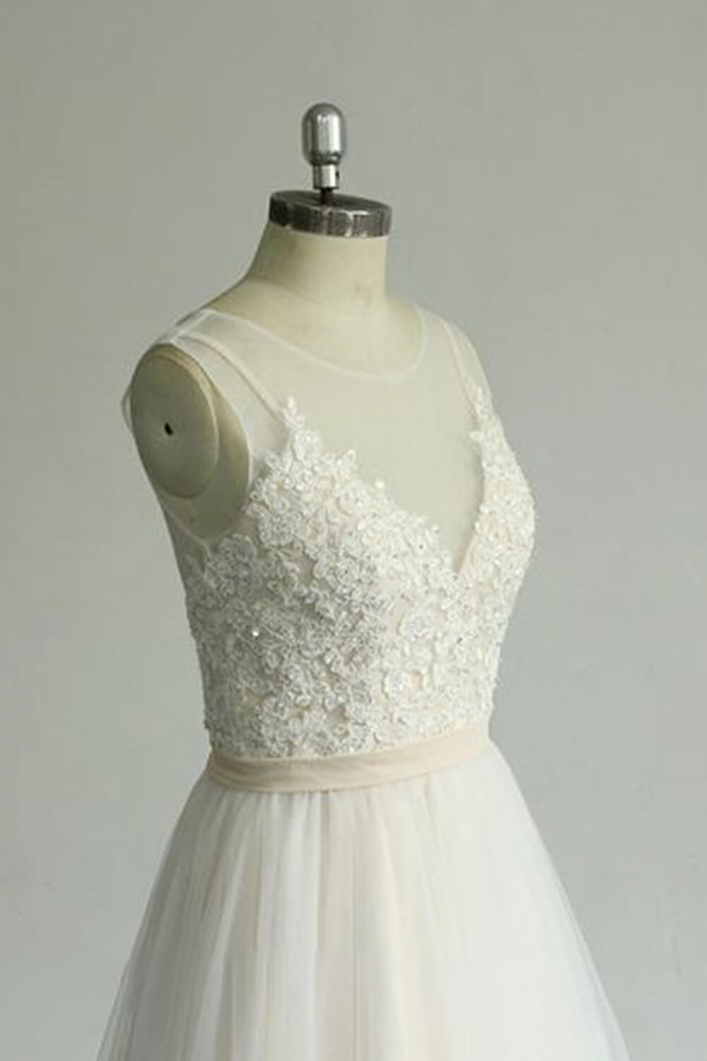 Chic Straps Sleeveless Appliques Wedding Dress A-line Tulle White Bridal Gowns On Sale-27dress