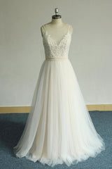 Chic Straps Sleeveless Appliques Wedding Dress A-line Tulle White Bridal Gowns On Sale-27dress