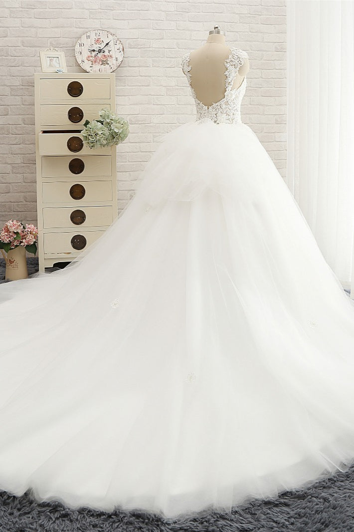 Chic Straps Sleeveless Tulle Wedding Dresses With Appliques White A-line Bridal Gowns Online-27dress