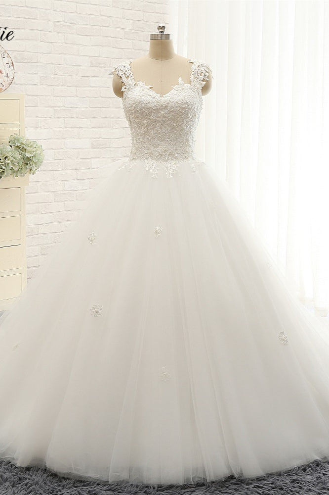 Chic Straps Sleeveless Tulle Wedding Dresses With Appliques White A-line Bridal Gowns Online-27dress