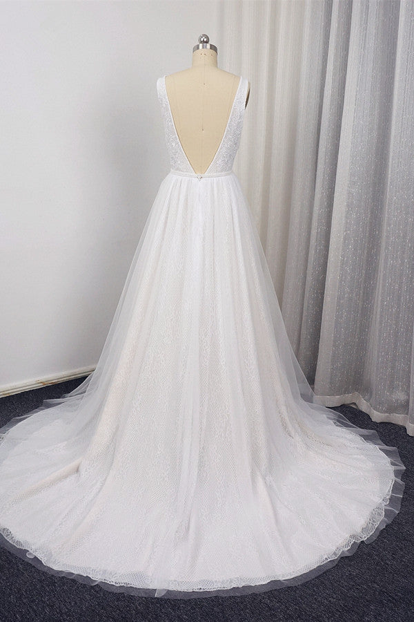 Chic Straps V-Neck White Tulle Lace Wedding Dress Sleeveless Ruffles Bridal Gowns On Sale-27dress