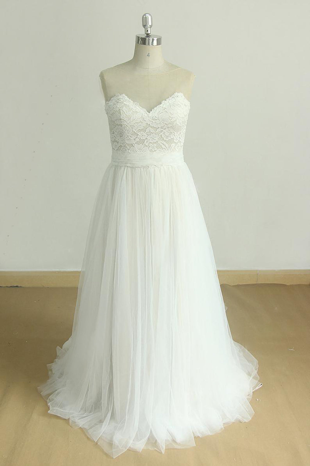 Chic Sweetheart Lace Wedding Dress A-line White Tulle Bridal Gowns On Sale-27dress