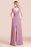 Chic V-Neck Chiffon Wisteria Bridesmaid Dresses with Short Sleeves-27dress