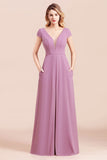 Chic V-Neck Chiffon Wisteria Bridesmaid Dresses with Short Sleeves-27dress