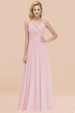 Chic V-Neck Pleated Backless Bridesmaid Dresses with Spaghetti Straps-27dress