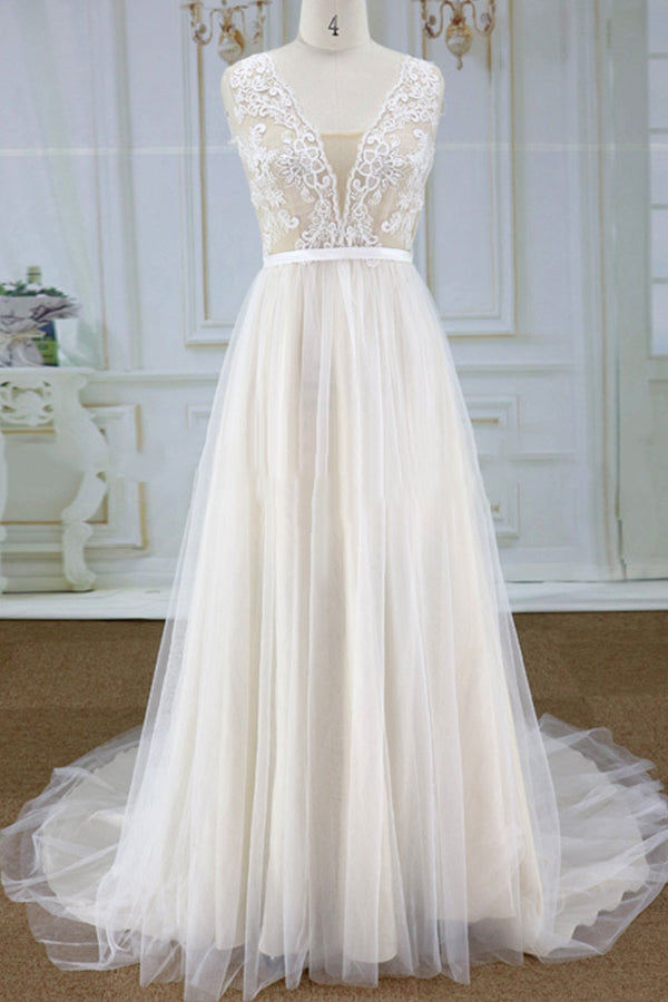 Chic V-neck Straps Sleeveless Wedding Dresses A-line Tulle Ruffles Bridal Champagne Gowns On Sale-27dress