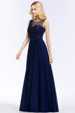 Chiffon Lace Appliques Affordable Navy Bridesmaid Dress Online-27dress