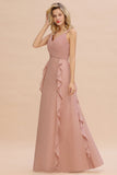 Chiffon Long Sleeveless Bridesmaid Dress with Cascading Ruffles-27dress