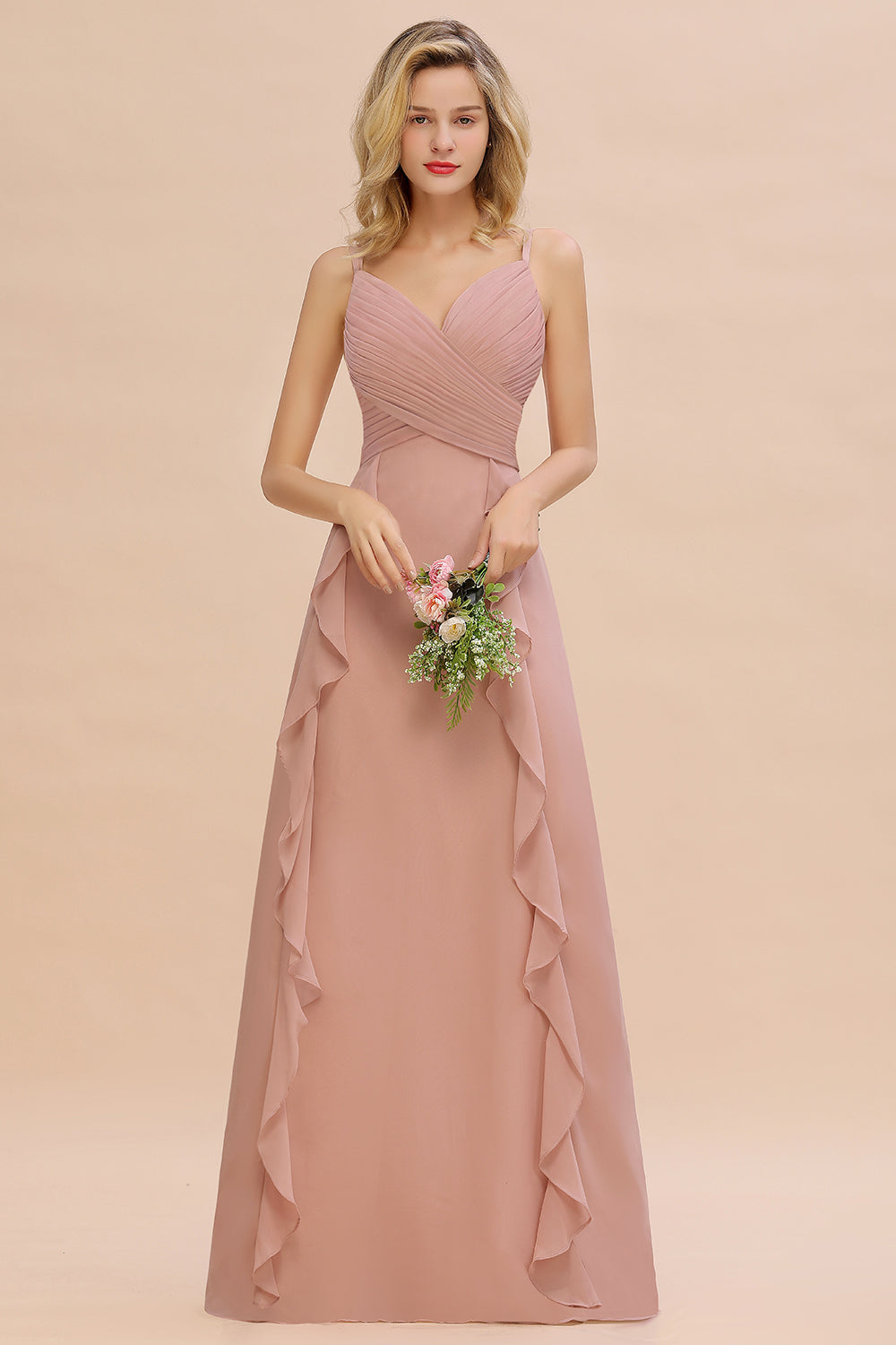 Chiffon Long Sleeveless Bridesmaid Dress with Cascading Ruffles-27dress