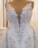 Classy Long Sweetheart Spaghetti Straps Appliques Lace Crystal Backless Wedding Dress-27Dress