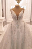 Classy Long Sweetheart Spaghetti Straps Appliques Lace Crystal Backless Wedding Dress-27Dress